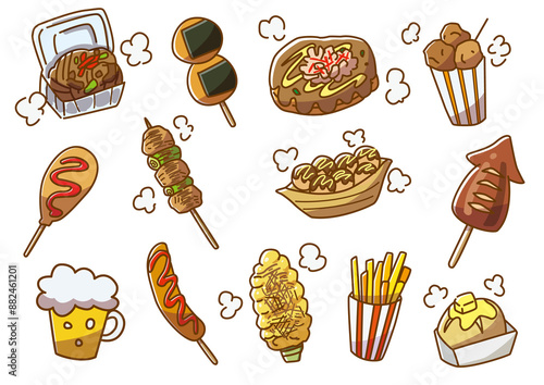 夏祭り・縁日・屋台食べ物セット手描き　透過png