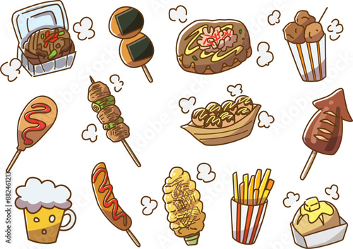 夏祭り・縁日・屋台食べ物セット　手描き