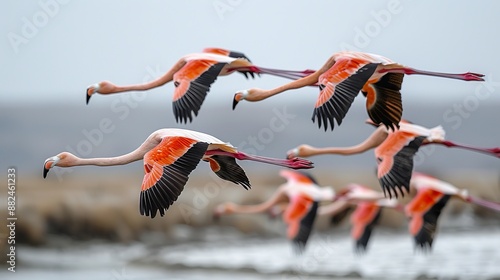 Pink Flamingos Flying in Formation. photo