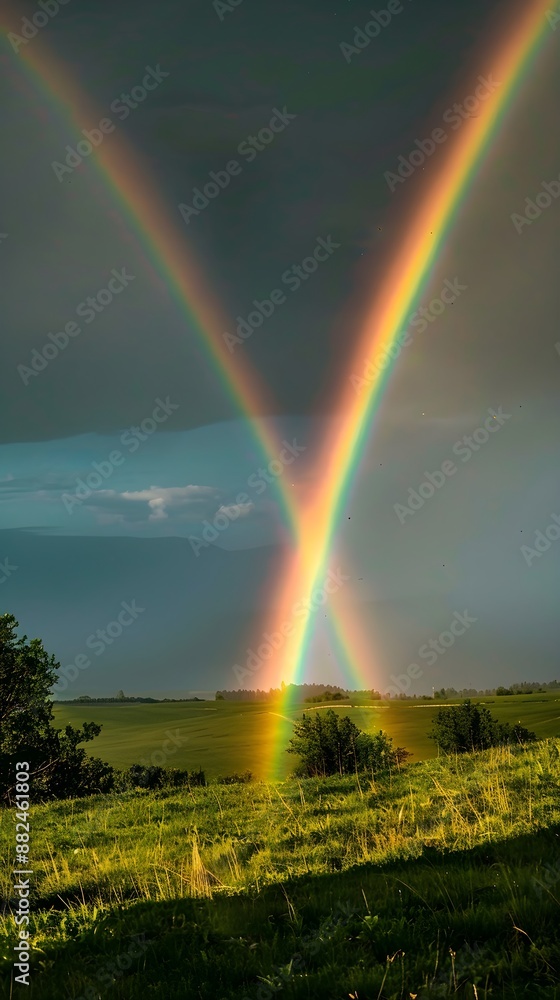 Double rainbow in a dark sky, converging in the distance over a vibrant green field with trees, creating a stunning contrast between light and shadow. Double rainbow in a dark sky, converging in the distance over a vibrant green field with trees, creating a stunning contrast between light and shadow.