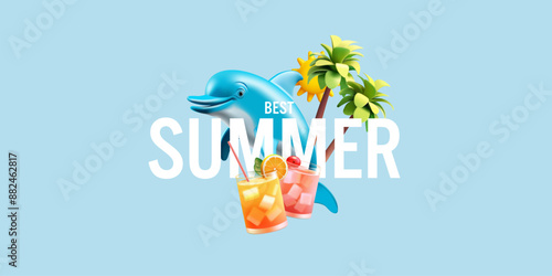 Dolphin, palm trees, cocktails, 3D. For concepts of fun summer vacations on the beach with ice-cold drinks. Summer party, rest. Vector