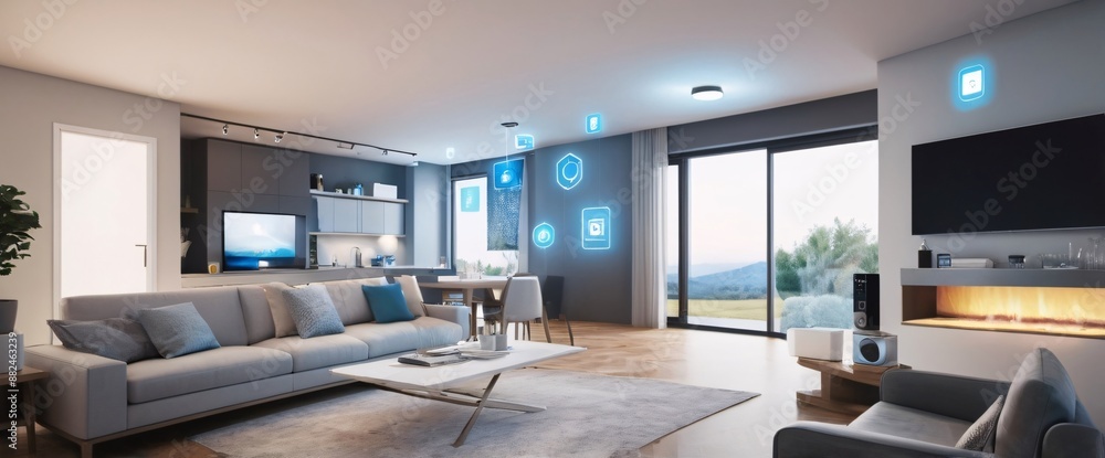 illustrate the concept of the Internet of Things with an image of a smart home, featuring various connected devices and appliances, shot from a low angle with a wide-angle lens