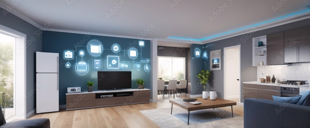 illustrate the concept of the Internet of Things with an image of a smart home, featuring various connected devices and appliances, shot from a low angle with a wide-angle lens illustrate the concept of the Internet of Things with an image of a smart home, featuring various connected devices and appliances, shot from a low angle with a wide-angle lens