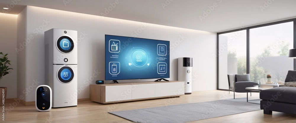 illustrate the concept of the Internet of Things with an image of a smart home, featuring various connected devices and appliances, shot from a low angle with a wide-angle lens illustrate the concept of the Internet of Things with an image of a smart home, featuring various connected devices and appliances, shot from a low angle with a wide-angle lens