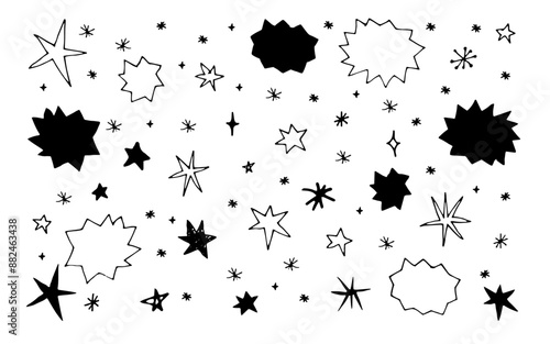 Hand drawn set of modern, simple, black, line-drawing star and sparkle doodle  illustrations vector