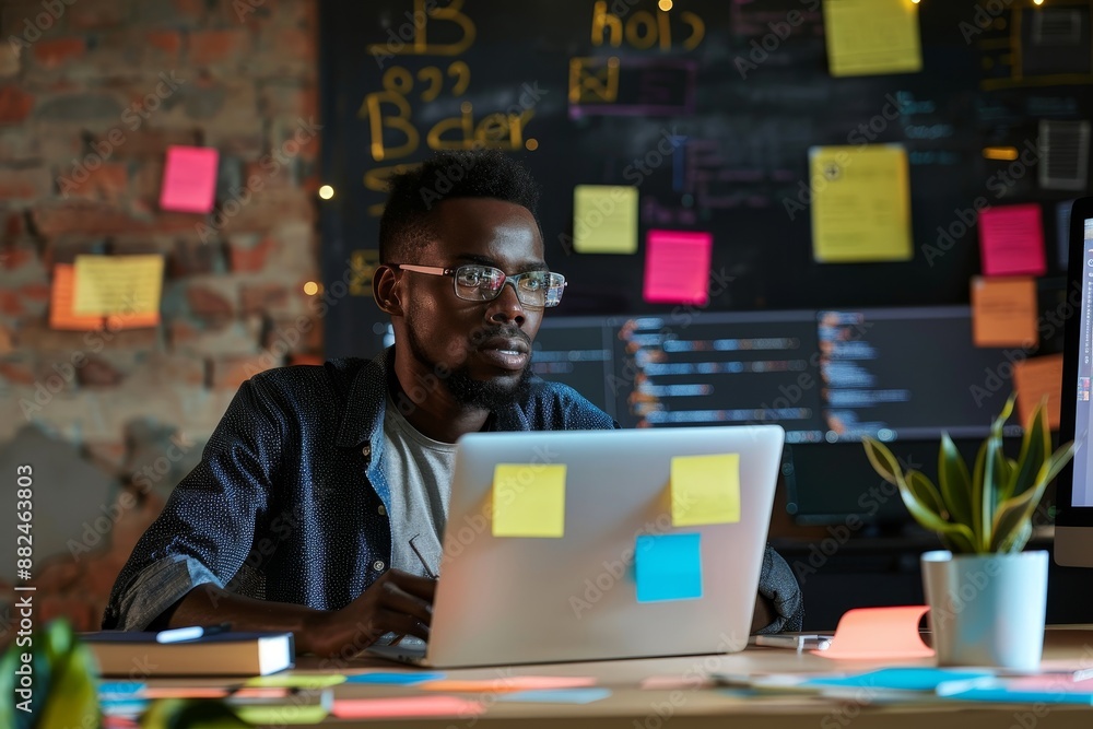 A programmer brainstorming ideas while working on a laptop, surrounded by sticky notes and diagrams, depicting the creative process of coding A programmer brainstorming ideas while working on a laptop, surrounded by sticky notes and diagrams, depicting the creative process of coding