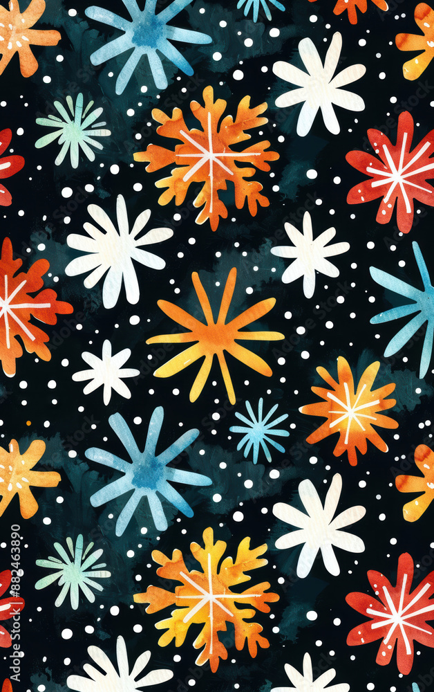 A colorful pattern of snowflakes is displayed on a black background A colorful pattern of snowflakes is displayed on a black background