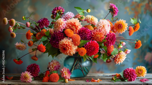 Wallpaper Mural A vibrant bouquet of various flowers in a blue vase on a wooden table. Torontodigital.ca