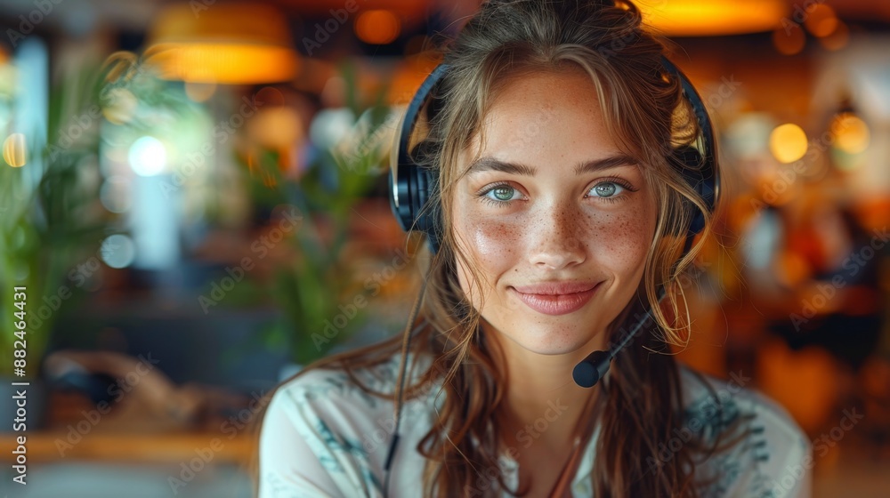 Smiling woman with headset in modern office - generative ai Smiling woman with headset in modern office - generative ai