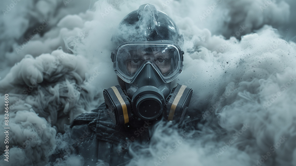 Obraz premium A person wearing a gas mask and protective gear, surrounded by thick smoke.