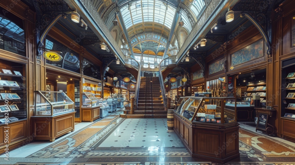 Store with many shelves and a clock on the wall, empty tables and chairs Store with many shelves and a clock on the wall, empty tables and chairs