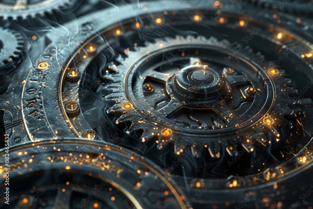 Fototapeta premium Conceptual image of rotating gearwheels, symbolizing the perpetual motion and interconnectedness of time and progress