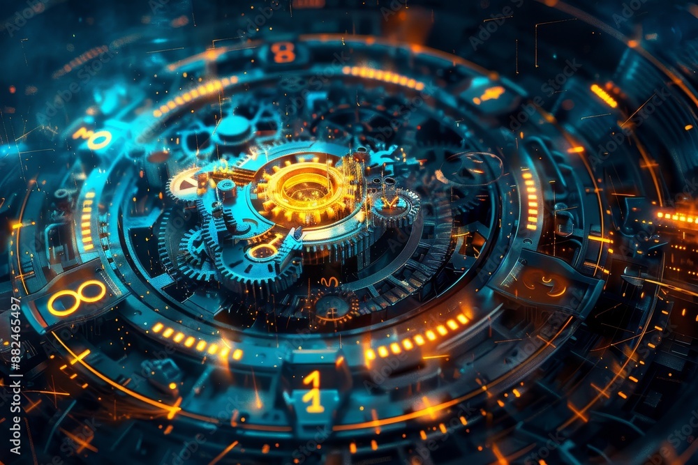 Digital artwork of interlocking gearwheels, suggesting the seamless integration of timekeeping and technological advancement Digital artwork of interlocking gearwheels, suggesting the seamless integration of timekeeping and technological advancement