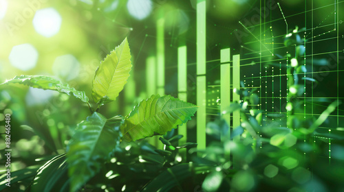 Green leaves growing with a stock market trading graph in the background, suggesting concepts such as the growth of environmental investments and a sustainable economy