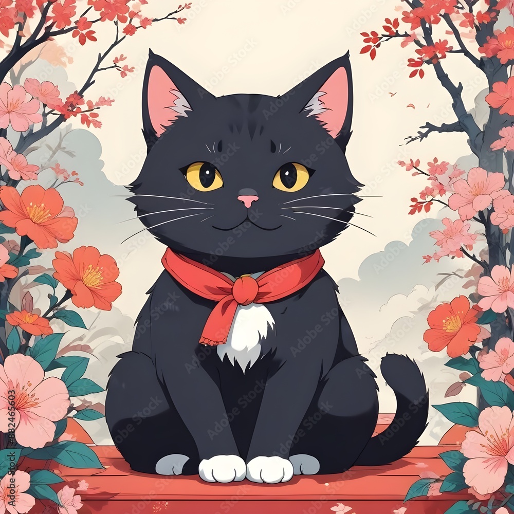 black cat with flowers black cat with flowers