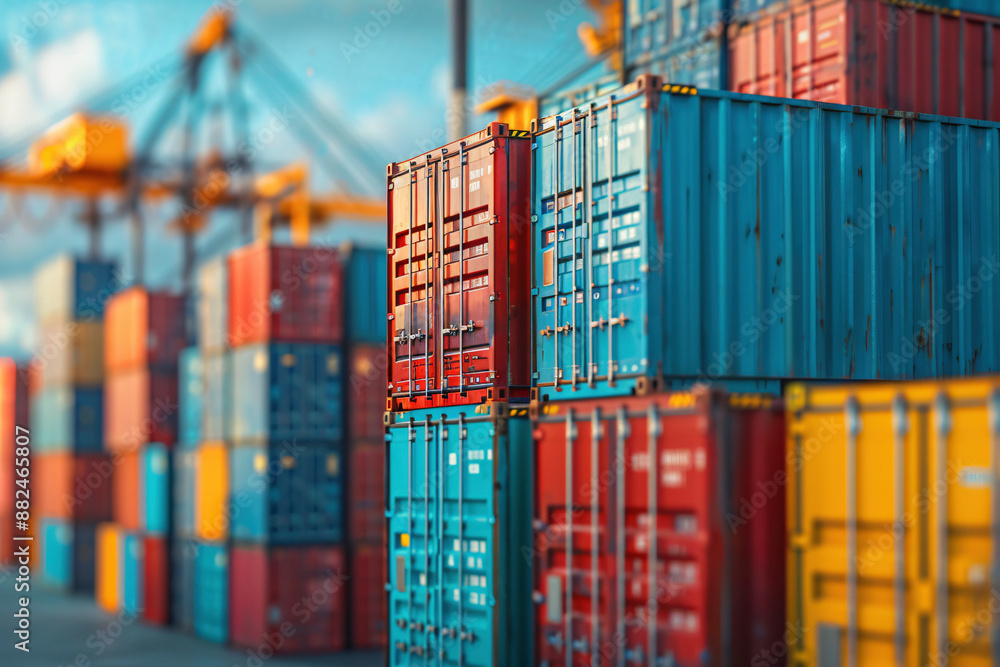 Stacks of colorful cargo containers stand at a busy port, awaiting loading onto a cargo ship for international transport Stacks of colorful cargo containers stand at a busy port, awaiting loading onto a cargo ship for international transport