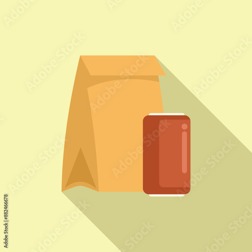 Simple illustration of a brown paper bag with a soda can, evoking the concept of a quick and easy fast food lunch