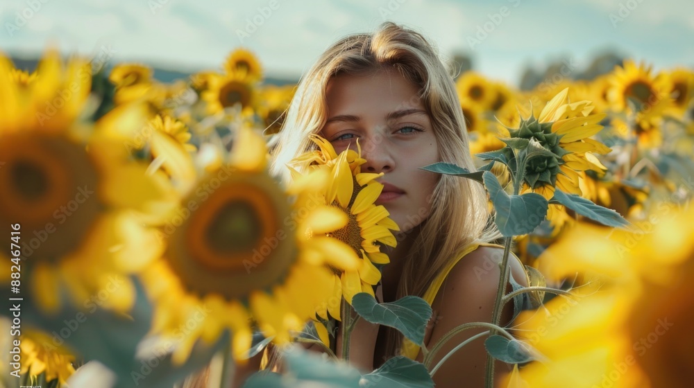 A person smiling and looking directly at the camera in a bright yellow sunflower field A person smiling and looking directly at the camera in a bright yellow sunflower field
