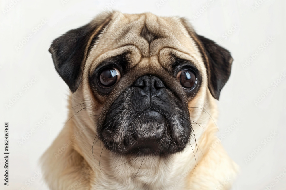 Pug dog with sad eyes looks at the camera, expressing deep emotion and longing. The furry canine's wrinkly face and big eyes capture attention against a white background Pug dog with sad eyes looks at the camera, expressing deep emotion and longing. The furry canine's wrinkly face and big eyes capture attention against a white background