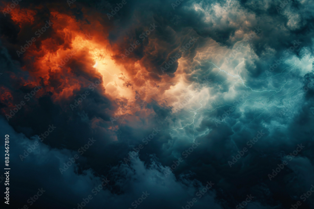Powerful storm brews in the sky, with dark clouds flashing lightning, creating an eerie atmosphere. The scene evokes awe and wonder, showcasing nature's raw power Powerful storm brews in the sky, with dark clouds flashing lightning, creating an eerie atmosphere. The scene evokes awe and wonder, showcasing nature's raw power