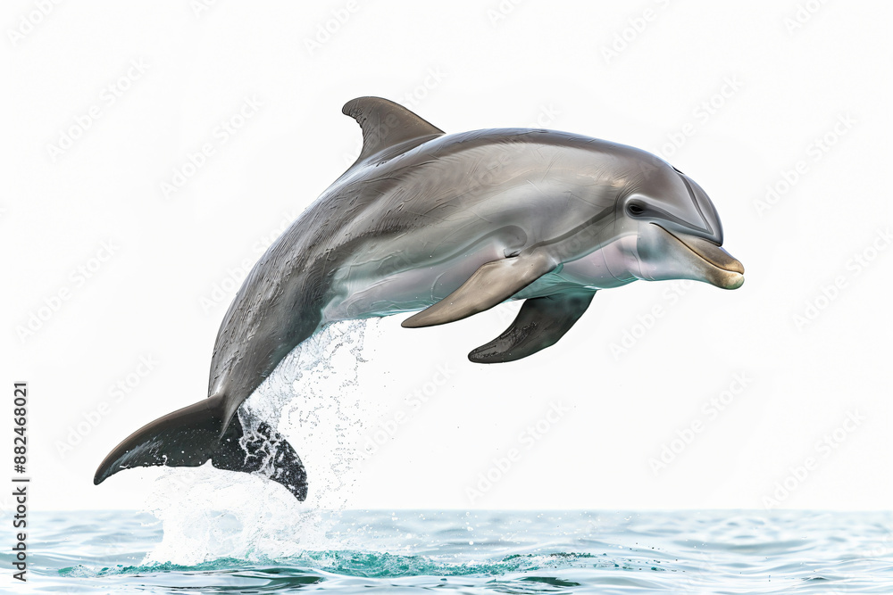 Fototapeta premium Dolphin gracefully leaps out of the water, glistening in sunlight against a white background, embodying freedom and joy. Perfect for summer designs
