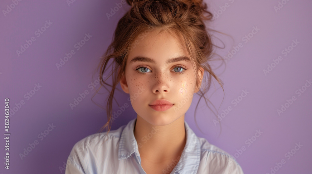 A young woman with her hair up, wearing a light blue shirt, posing against a purple background. A young woman with her hair up, wearing a light blue shirt, posing against a purple background.