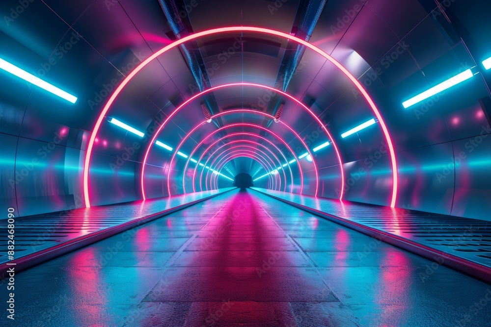 The empty neon tunnel provides an abstract, immersive background with a wallpaper feel, perfect for a bestseller with a futuristic theme The empty neon tunnel provides an abstract, immersive background with a wallpaper feel, perfect for a bestseller with a futuristic theme