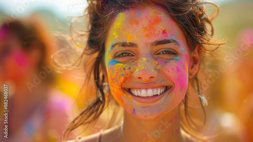 Smiling woman covered in colorful powder - generative ai