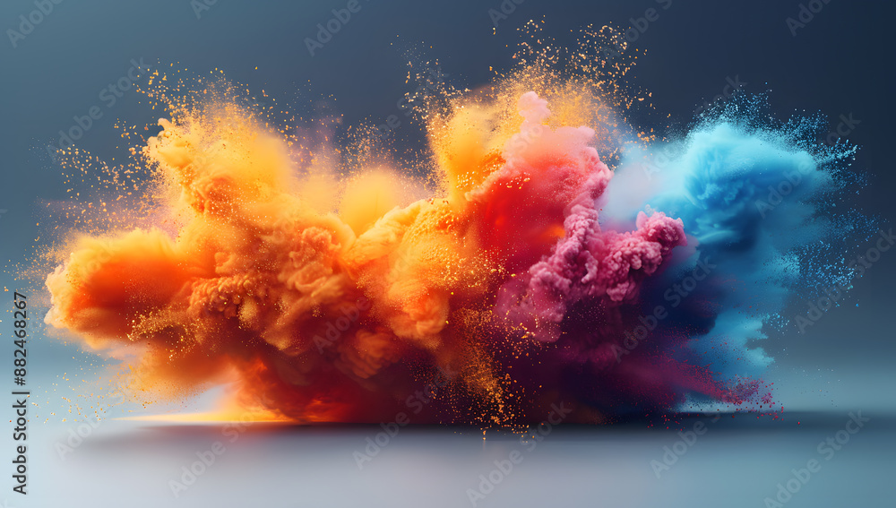 3d render of colorful powder explosion on grey background. Beautiful dynamic pink, purple and orange color dust splash or smoke cloud with blurred effect. Design element for celebration card, banner, 3d render of colorful powder explosion on grey background. Beautiful dynamic pink, purple and orange color dust splash or smoke cloud with blurred effect. Design element for celebration card, banner,