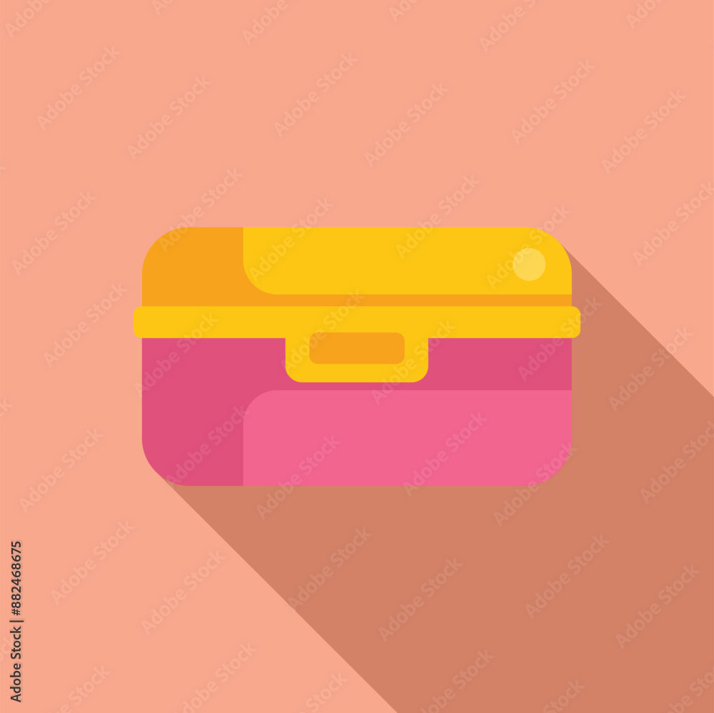 Pink lunch box with a yellow lid is shown closed and ready for a meal Pink lunch box with a yellow lid is shown closed and ready for a meal