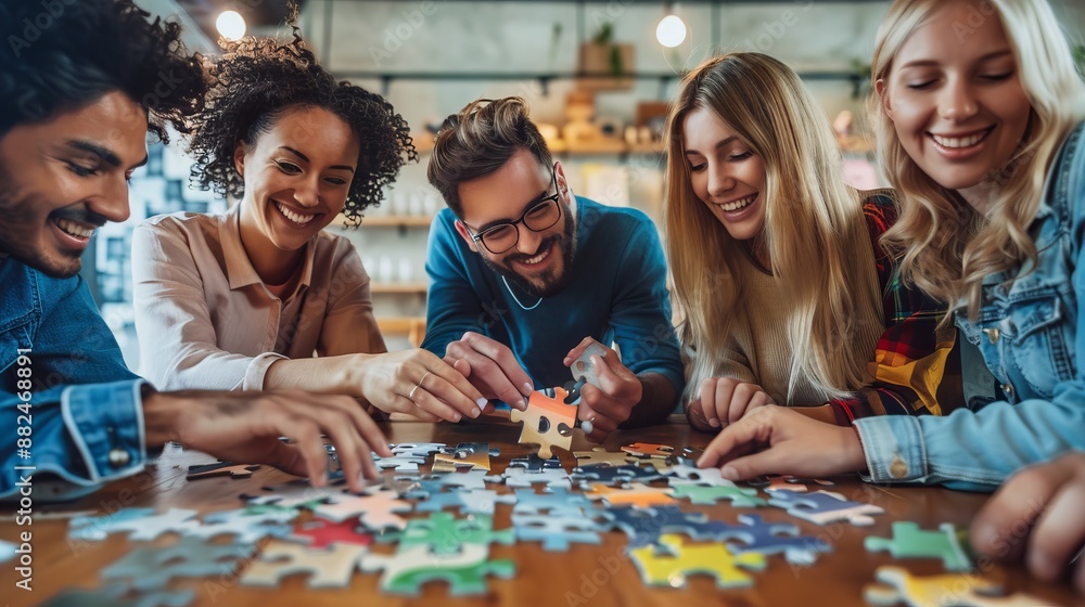 Fototapeta premium An energetic team is putting puzzle pieces together and appearing very happy in a vibrant office setting, symbolizing successful teamwork and creativity in problem-solving.