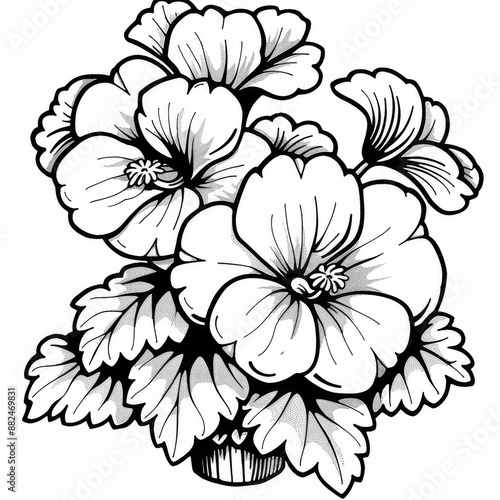 Black and white outline drawing of hibiscus flowers, perfect for coloring books, botanical illustrations, and educational materials. © khonkangrua