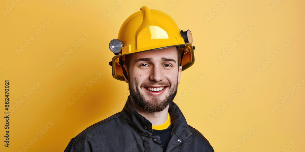 Fireman man smiling on colored background with copy space. Young Firefighter in uniform banner template. Fireman man smiling on colored background with copy space. Young Firefighter in uniform banner template.