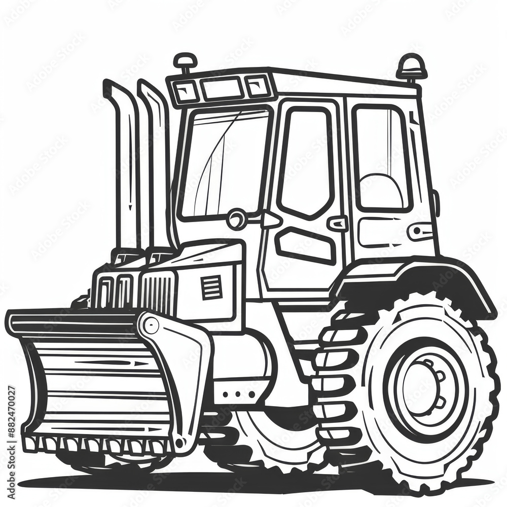 Naklejka premium Black and white line art of a detailed bulldozer, showcasing construction machinery, perfect for educational and technical uses.