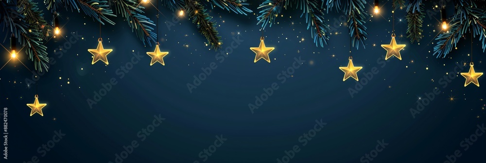 Fototapeta premium Border made of fir tree branches and golden stars on snowy blue background. Merry Christmas and Happy New Year. Winter holidays template with copy space for greeting card, invitation, banner, poster