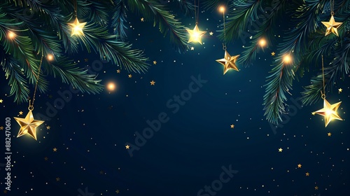 Wallpaper Mural Border made of fir tree branches and golden stars on snowy blue background. Merry Christmas and Happy New Year. Winter holidays template with copy space for greeting card, invitation, banner, poster Torontodigital.ca