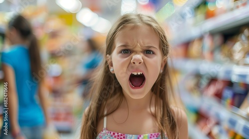 A young girl with long hair in a sundress shows an angry expression, standing in a grocery store aisle, her frustration glaringly obvious in her stance and expression. photo