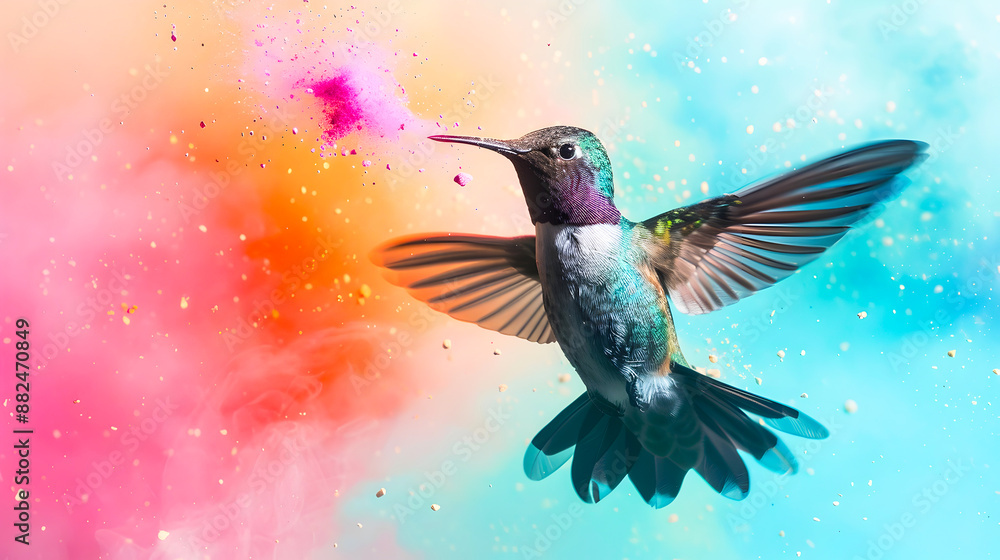 Fototapeta premium Vibrant Hummingbird in Flight with Colorful Powder Clouds A stunning digital capturing the grace and energy of a hummingbird as it hovers and flutters amidst a burst of vivid ethereal powder clouds