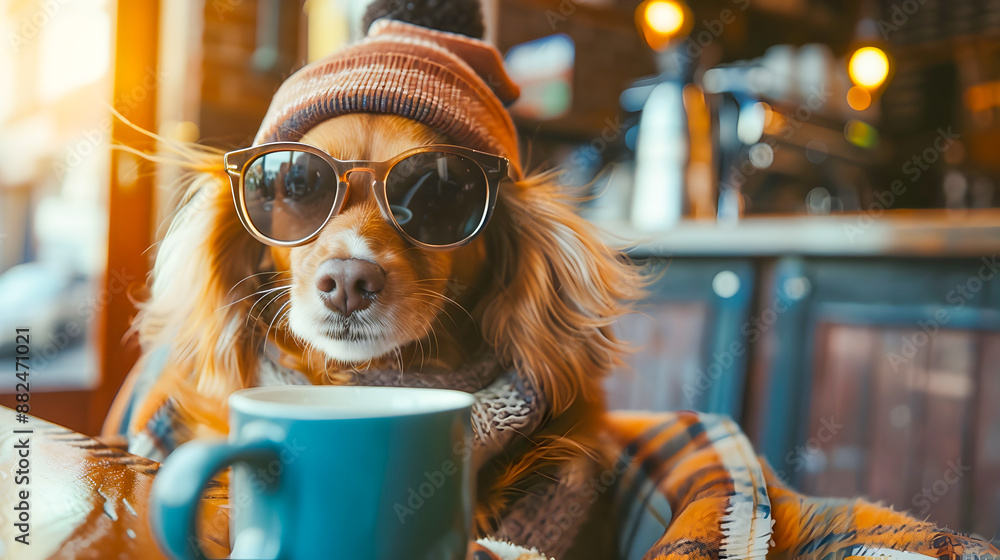 Whimsical portrait of a dog anthropomorphized as a human relaxing and enjoying a coffee in a cozy cafe setting Abstract and imaginative idea of an animal celebrating the new year Whimsical portrait of a dog anthropomorphized as a human relaxing and enjoying a coffee in a cozy cafe setting Abstract and imaginative idea of an animal celebrating the new year