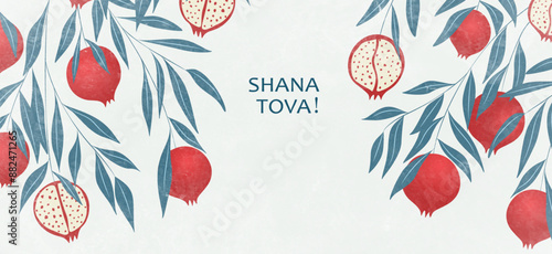 Background for Jewish holiday Rosh Hashanah with pomegranate fruits on branches. Vector illustration in modern style with Jewish holiday of New Year, Rosh Hashana for greeting card, cover.