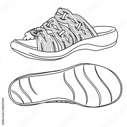Women's Casual Leather Sandals Line art, Technical sketch hand drawing outline vector doodle illustration isolated on white background