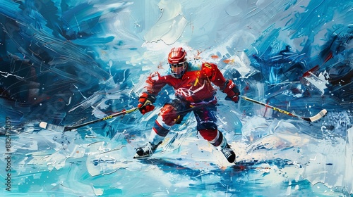 Wallpaper Mural In an abstract and dynamic portrayal, a hockey player in a red uniform is captured making an aggressive play on the ice, showcasing speed and athleticism. Torontodigital.ca