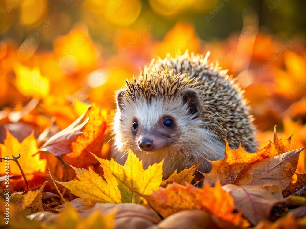 A tiny hedgehog rolls around in vibrant orange and yellow autumn leaves, its prickly spines glistening with dew, creating a delightful and whimsical forest scene. A tiny hedgehog rolls around in vibrant orange and yellow autumn leaves, its prickly spines glistening with dew, creating a delightful and whimsical forest scene.