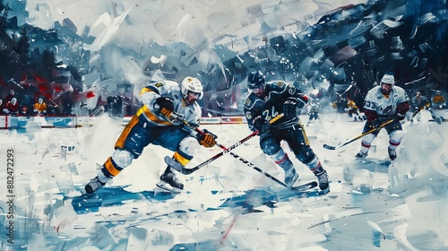 Wallpaper Mural Two ice hockey players in opposing teams push against each other for control of the puck, encapsulating fierce competition and determination on the ice. Torontodigital.ca