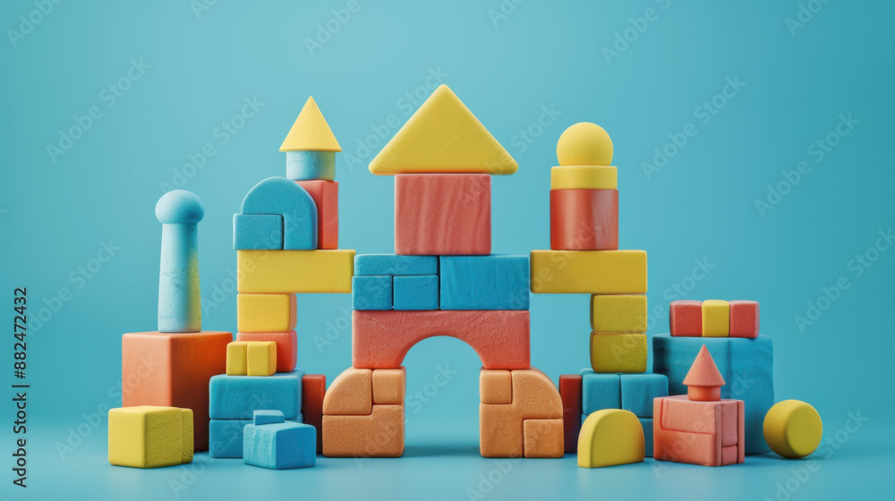 Fototapeta premium Brightly colored foam building blocks arranged on a blue background, perfect for children's educational play and creativity.