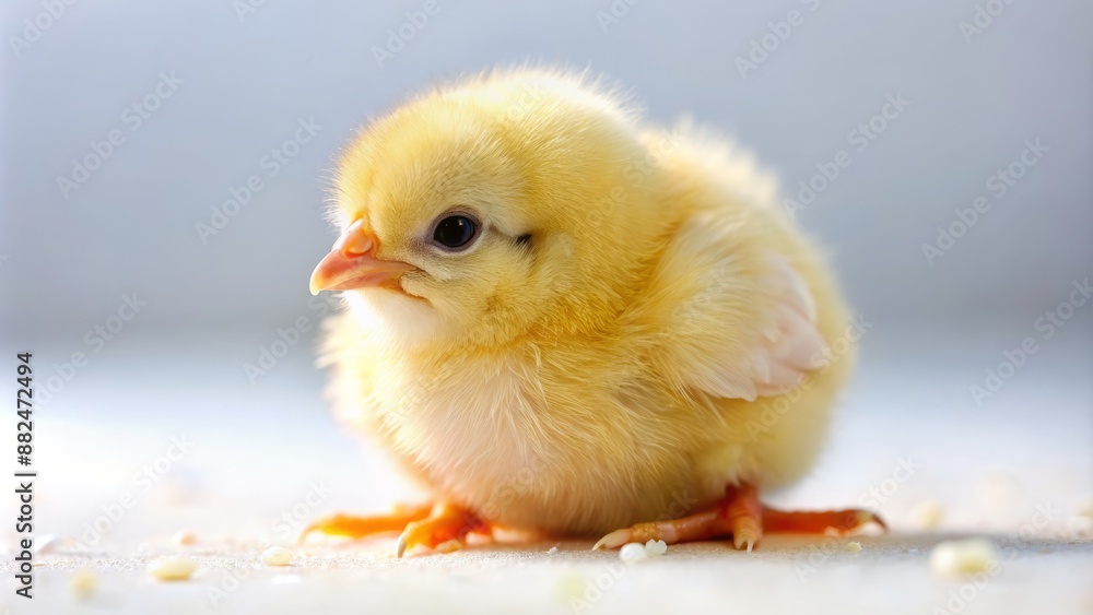 Adorable little ball of fluff, a newborn yellow chick with soft feathers, pecks at the ground, surrounded by bright white, in a cute and innocent pose. Adorable little ball of fluff, a newborn yellow chick with soft feathers, pecks at the ground, surrounded by bright white, in a cute and innocent pose.