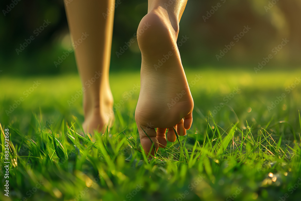 A woman's bare feet walking on green grass.