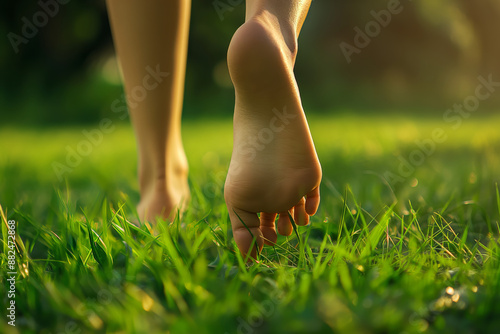Obraz na płótnie A woman's bare feet walking on green grass. w salonie