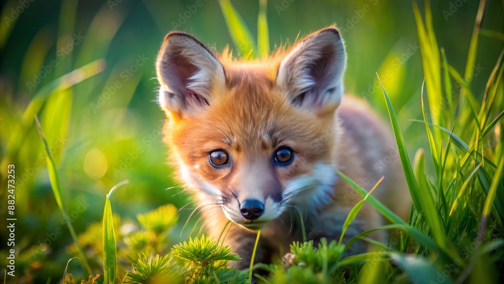 Adorable baby fox with fluffy orange fur and big curious eyes explores lush green grass, sniffing and pawing at the fresh blades in wonder. Adorable baby fox with fluffy orange fur and big curious eyes explores lush green grass, sniffing and pawing at the fresh blades in wonder.