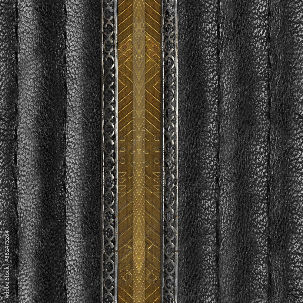 Seamless 4k photo texture photo of black colored stitched leather material with steel and copper ornate border line. Seamless 4k photo texture photo of black colored stitched leather material with steel and copper ornate border line.